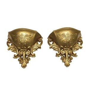 Vintage Pair Homco Gold Plastic Wall Pocket Planter Vase Hollywood Regency 1978